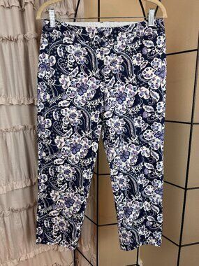 Talbots Perfect Crop Pants Blue Purple White Floral Capris Pockets Size 6P EUC